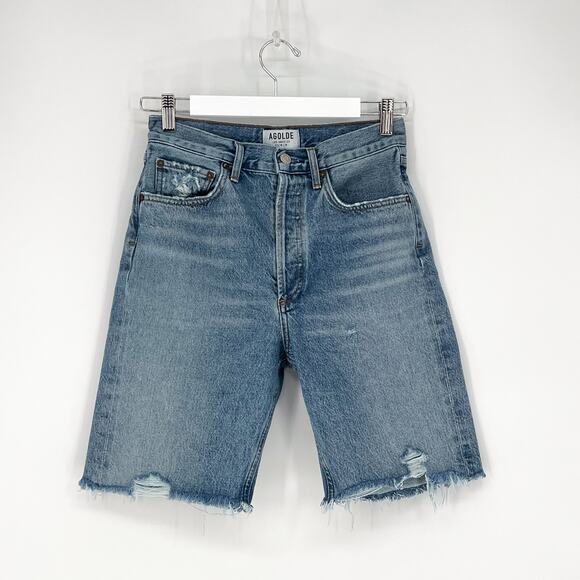 AGOLDE 90s Distressed Raw Hem Denim Shorts Women’s Size 25 Roundabout Wash - Picture 2 of 5